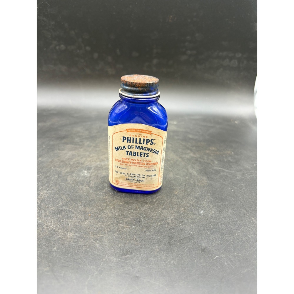 Vintage Phillips Milk of Magnesia Cobalt Blue Glass Bottle with Original Label